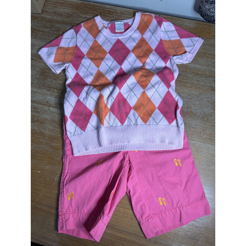 Crewcuts Girls Argyle Sweater and Flip Flop Embroidered Shorts Set Pink Size 8-9